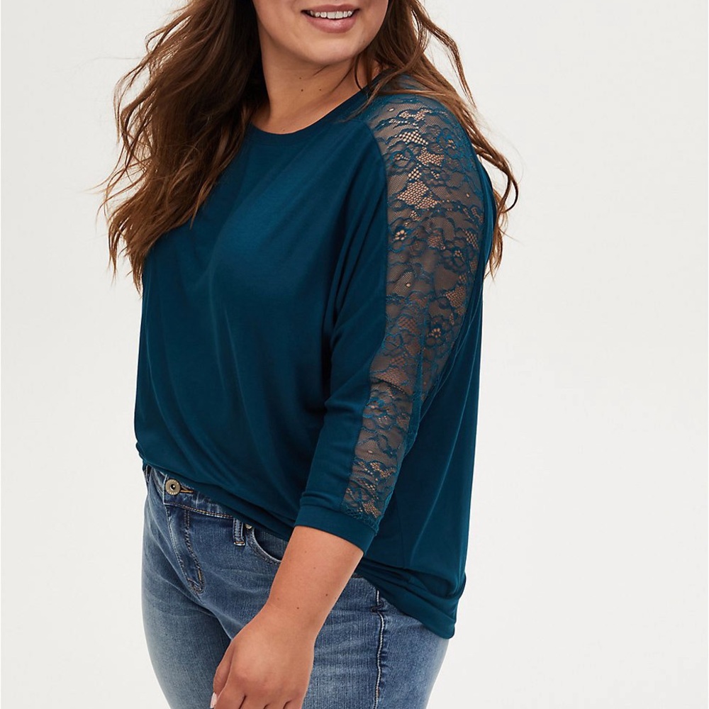 TORRID - Super Soft Lace Inset Sleeve Dolman Teal Top - size 0/L/12